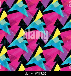 pink blue and yellow triangles on a black background seamless pattern Stock Vector