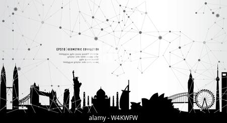 Cityscape landmarks geometric connection background Stock Vector