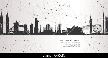 Cityscape landmarks geometric connection background Stock Vector