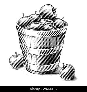 Apple in basket hand drawing vintage style black and white clip art isolated on white background.Compare of simple and complex lines illustration Stock Vector