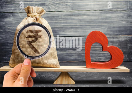 Money bag with indian rupee (rupiah) and red wooden heart on the scales. Money versus love concept. Family or career choice. Passion versus profit. Fa Stock Photo