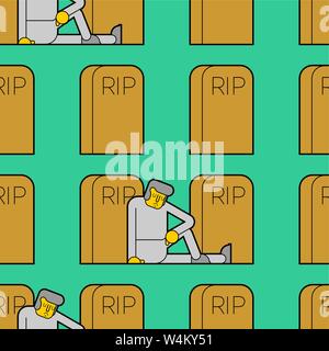 Cemetery pattern seamless. Sad guy is sitting by grave. Man and headstone Stock Vector