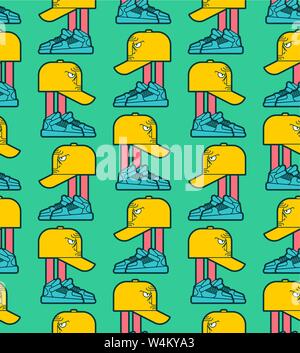 Cap in sneakers pattern seamless. Baseball cap with legs. urban street style pattern seamless Stock Vector