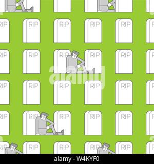 Cemetery pattern seamless. Sad guy is sitting by grave. Man and headstone Stock Vector