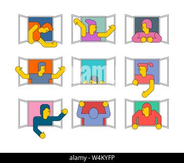 People in window set. Man casement waving his arms. vector illustration Stock Vector