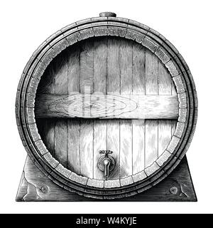 Antique engraving illustration of Oak barrel hand drawing black and white clip art isolated on white background,Alcoholic fermentation barrel Stock Vector