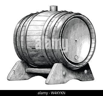 Antique engraving illustration of Oak barrel hand drawing black and white clip art isolated on white background,Alcoholic fermentation oak barrel Stock Vector