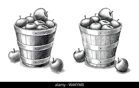 Apple in basket hand drawing vintage style black and white clip art isolated on white background.Compare of simple and complex lines illustration Stock Vector