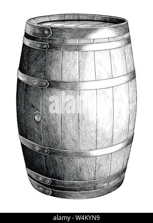 Antique engraving illustration of Oak barrel hand drawing black and white clip art isolated on white background,Alcoholic fermentation oak barrel Stock Vector