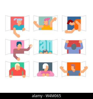 People in window set. Man casement waving his arms. vector illustration Stock Vector