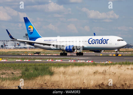 FRANKFURT / GERMANY - AUGUST 20, 2013: Condor Airlines Boeing 767-300 D-ABUI passenger plane departure at Frankfurt Airport Stock Photo
