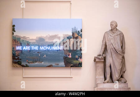 Turner Prize shortlisted artist Nathan Coley unveiled his new exhibition 'The Future is Inside Us, It's Not Somewhere Else' in the Parliament Hall, Edinburgh, as part of the 2019 Edinburgh Art Festival. Stock Photo