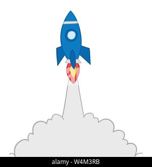 Vector hand-drawn illustration of rocket is flying. Colored outlines and colored. Stock Vector