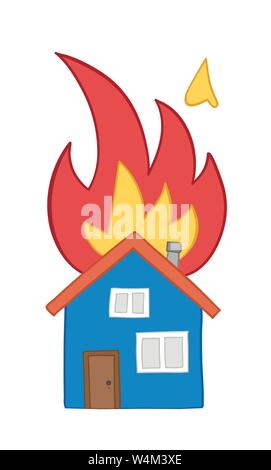 Vector hand-drawn illustration of house fire, detached house on fire. Colored outlines and colored. Stock Vector