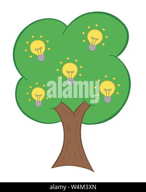 Vector hand-drawn illustration of glowing light bulb idea tree. Colored outlines and colored. Stock Vector