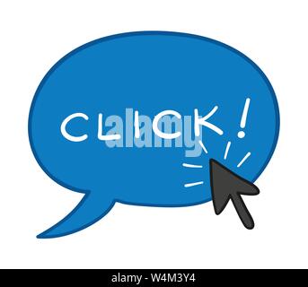 Vector hand-drawn illustration of speech bubble with click word and mouse cursor is clicking. Colored outlines and colored. Stock Vector