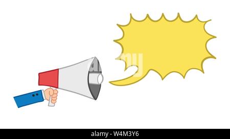 Vector hand-drawn illustration of businessman is holding megaphone and talking. Colored outlines and colored. Stock Vector