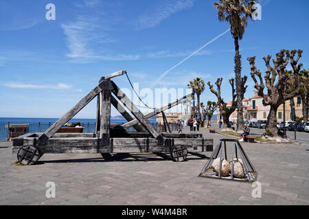 Ancient catapult on the ramparts of Alghero ,Sardinia Island, Italy , Defensive wall. Stock Photo