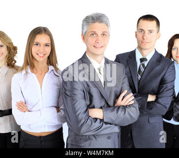 Business people team stand each other, smiling and posing for the camera isolated on white background Stock Photo