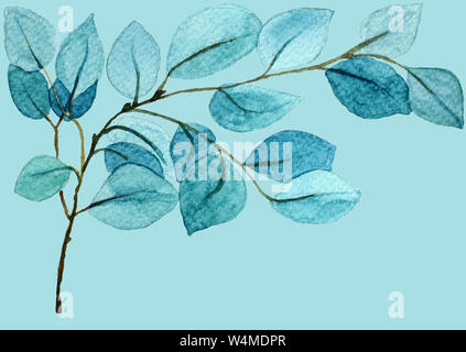 Blue retro exotic menthol branch with leaves on blue background. Ornate delicate watercolor flowers for wedding invitations, greeting cards, blogs Stock Photo