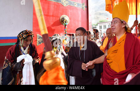(190724) -- ALI, July 24, 2019 (Xinhua) -- The 11th Panchen Lama Bainqen Erdini Qoigyijabu attends a Buddhist activity at a temple in Burang County in southwest China's Tibet Autonomous Region, July 22, 2019. (Xinhua/Chogo) Stock Photo