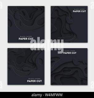 Set of square black banner templates with paper cut shapes. White modern abstract design for business presentations, flyers, posters. Vector Stock Vector