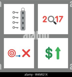 Vector icon concept set. Unlock padlock, 2017 with magnifying glass, bulls eye, miss the target, dollar up. Stock Vector