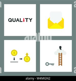 Vector icon concept set. Quality down, Envelope with paper, save money, unlock keyhole on cloud. Stock Vector