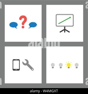 Vector icon concept set. Question mark between speech and thought bubble, sales chart up, repair smartphone and light bulbs, one of them glowing. Stock Vector