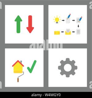 Vector icon concept set. Arrow up and down, idea, write and send email, painting house, gear. Stock Vector