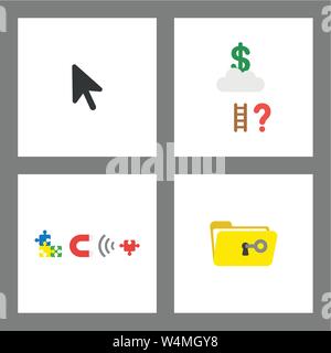 Vector icon concept set. Mouse cursor, reach dollar on cloud, magnet attracting missing puzzle and unlocking folder. Stock Vector