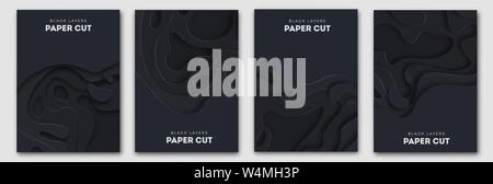 Paper Cut Wave Shapes. Layered black curve Origami design for business presentations, flyers, posters. Set of 4 vertical banners. 3D abstract map Stock Vector