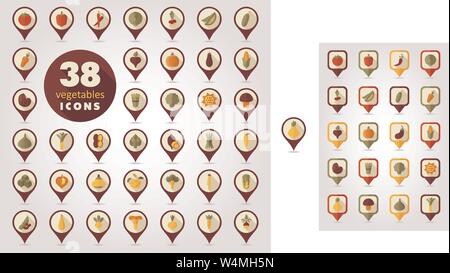 Vegetables flat retro vector pin map icons set. Map pointer. Map markers. Vector illustration eps 10 Stock Vector