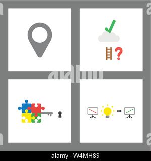 Vector icon concept set. Map pointer, reach check mark on cloud, puzzle key, sales chart down, idea and up. Stock Vector