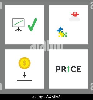 Vector icon concept set. Sales chart up, missing puzzle on cloud, save money, price up. Stock Vector