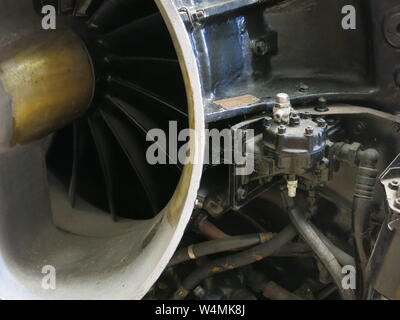 Close-up of the insides of a De Havilland Goblin, an early turbojet engine designed by Frank Halford; on display at Yorkshire Air Museum, Elvington. Stock Photo