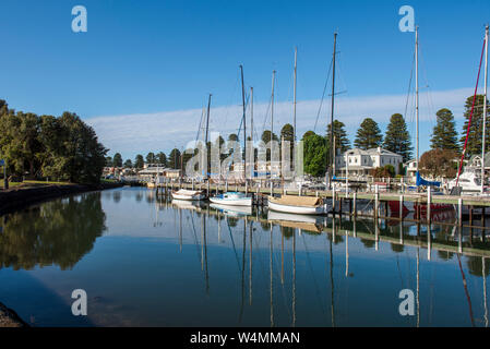 Boats moored on the Moyne River at Port Fairy on the Great Ocean Road  Victoria Australia Stock Photo