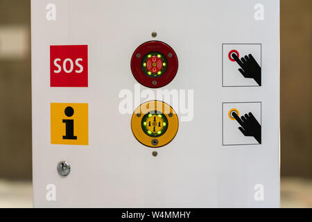 Berlin, Germany - july 07, 2019: emergency buttons at underground station 'Bundestag' to call help or ask information Stock Photo