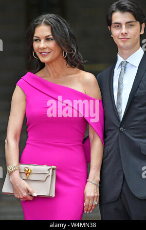 Catherine Zeta-Jones with her son Dylan Douglas arrive at the Guildhall, Swansea, ahead of a ceremony where she will be honoured by her home city with the Honorary Freedom of the City and County of Swansea. Stock Photo