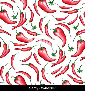 Red chili cartoon seamless pattern. Hot chilli peppers doodle texture. Cinco de Mayo, hand drawn. Mexican restaurant holiday background. Spicy vegetable wrapping paper vector fill Stock Vector