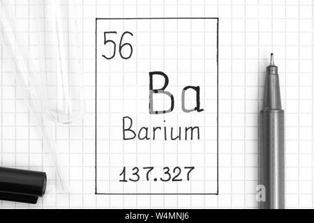 The Periodic table of elements. Handwriting chemical element Barium Ba with black pen, test tube and pipette. Close-up. Stock Photo