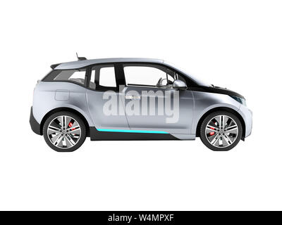 Electric car side view blue black 3d render on white background no shadow Stock Photo