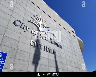 Sign on facade at city hall for the San Francisco Bay Area city of San Ramon, California, May 28, 2019. () Stock Photo