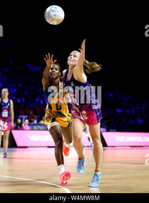 Barbados' Tonisha Rock-Yaw (left) in action during the netball World Cup match at the M&S Bank Arena, Liverpool. Stock Photo