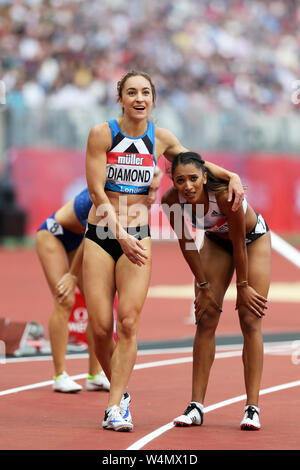 Emily DIAMOND (Great Britain) and Laviai NIELSEN (Great Britain), exhausted after competing the Women's 400m Final at the 2019, IAAF Diamond League, Anniversary Games, Queen Elizabeth Olympic Park, Stratford.