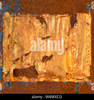 Old blank torn yellow paper on the grunge rusty metal wall  -- mock-up,  background and space for your own text Stock Photo