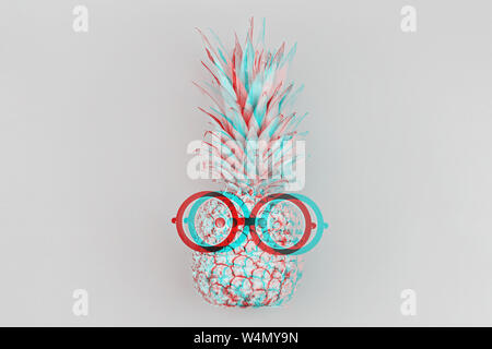 Funny black and white pineapple face with glasses on gray background with glitch effect. Back to school or sale school stationery concept template Stock Photo