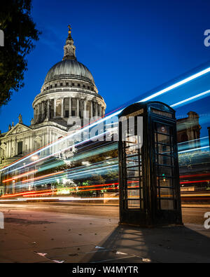 St Paul's Cathedral, Black Telephone Box, and Light Trails, London, UK