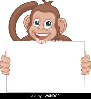 Monkey Cartoon Character Animal Holding Sign Stock Vector