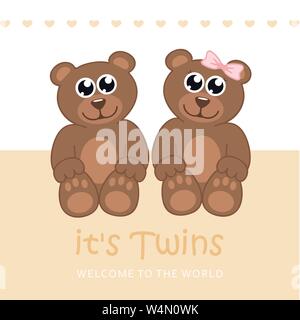 its twins boy and girl welcome greeting card for childbirth with teddy bear vector illustration EPS10 Stock Vector